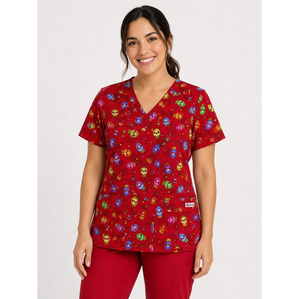 UA Scrubs Top Sz. S Red Christmas Holiday Lights Novelty Medical Uniform Festive